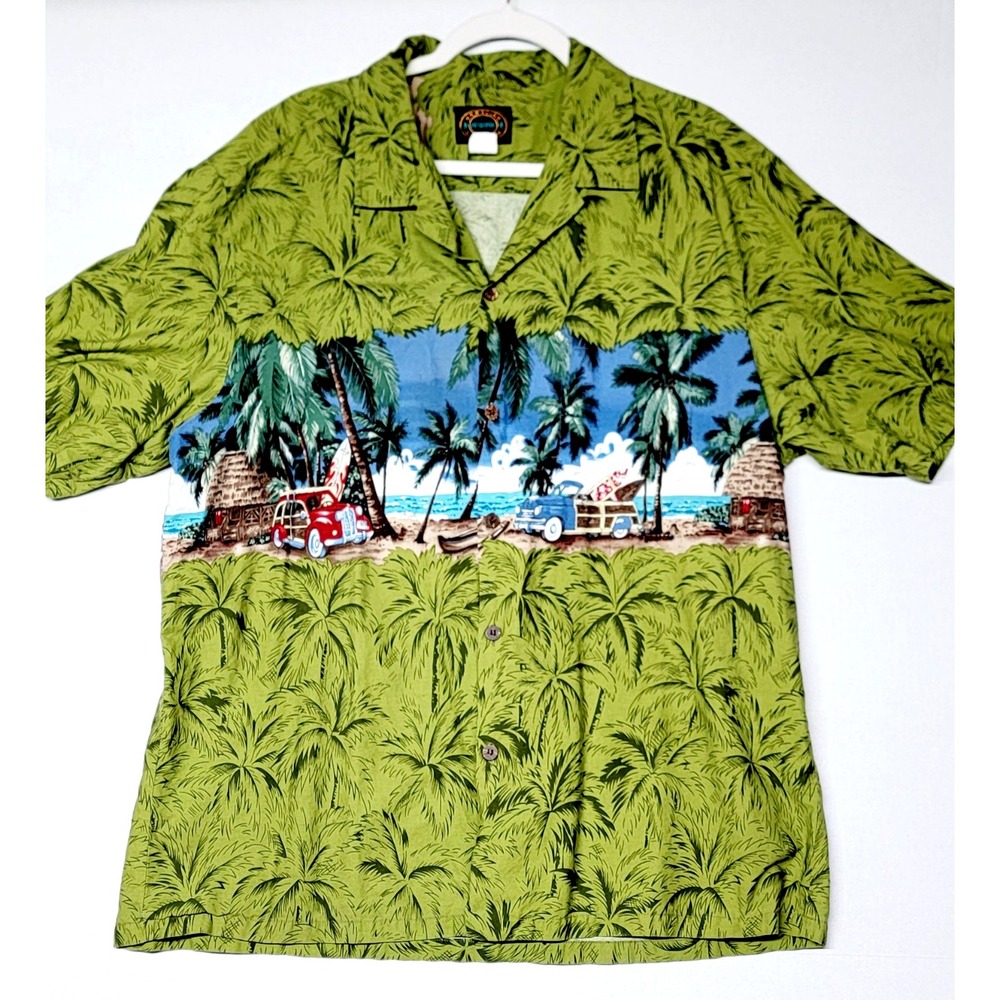 Hawaiian‎ Reserve Collection Shirt Mens 2XL Green Palm Tree Woody Car Aloha USA
